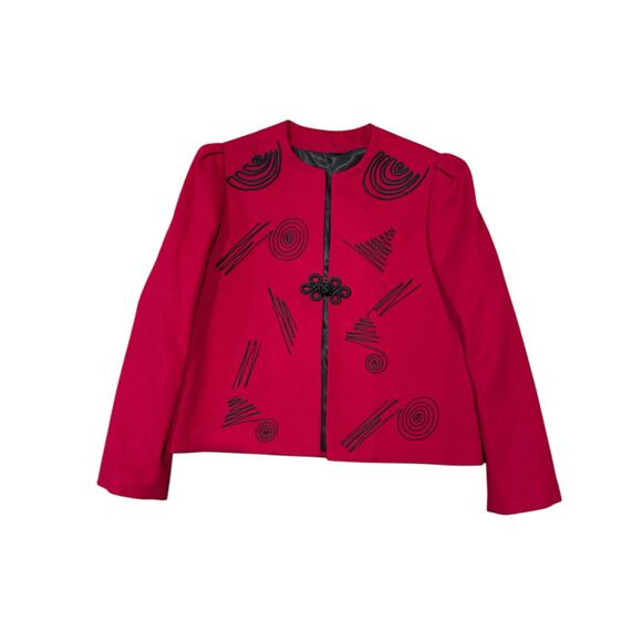 Vintage Red Wool Cropped collarless blazer black accents & frog goggle size M - Picture 17 of 17